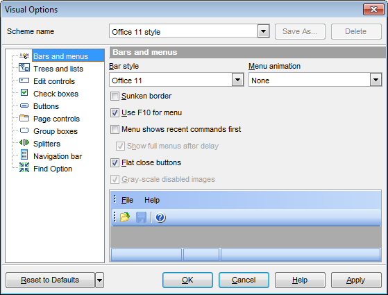 Visual Options - Bars and menus