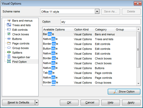 Visual Options - Find Option