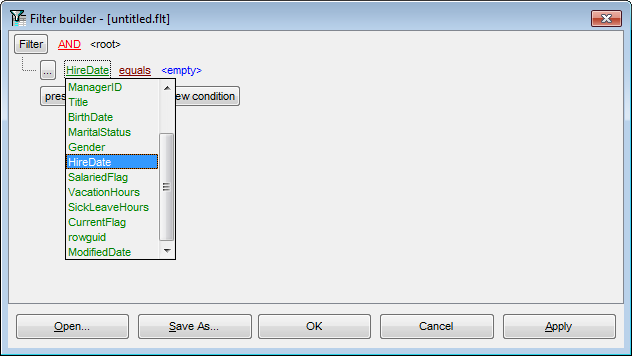 Filter Builder dialog - Setting filter criteria