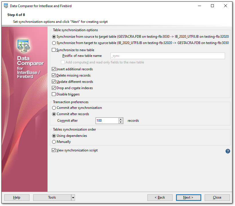 Step 4 - Specifying data synchronization options