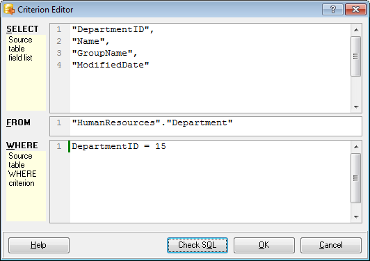 Step 7 - Selecting tables for data import - Criterion editor