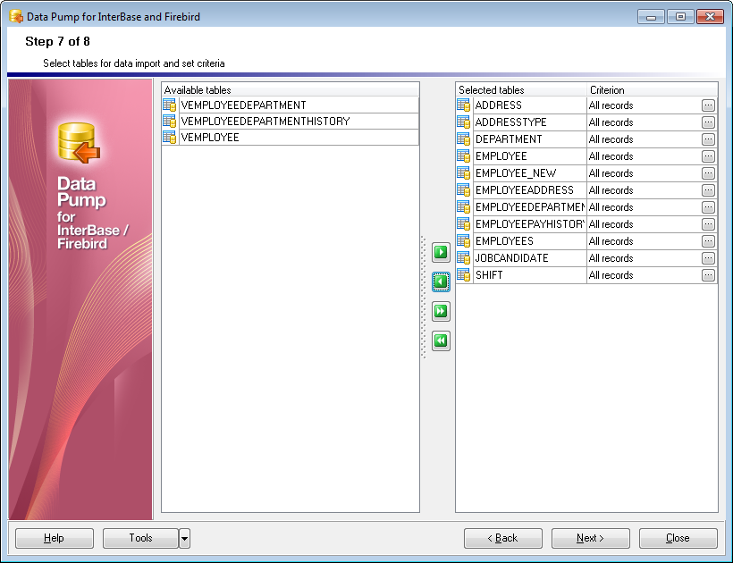 Step 7 - Selecting tables for data import