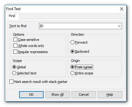 SQL Script Editor - Find Text dialog