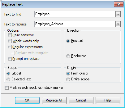 SQL Script Editor - Replace Text dialog