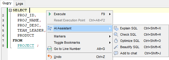 AI Assistant - Commands - SQL Editor