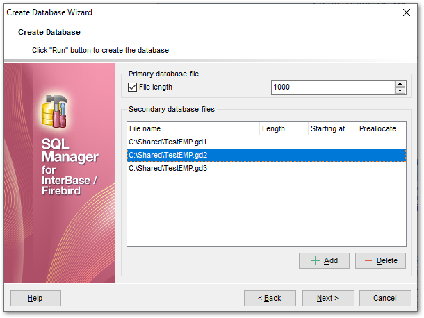 Create Database wizard - Defining database files