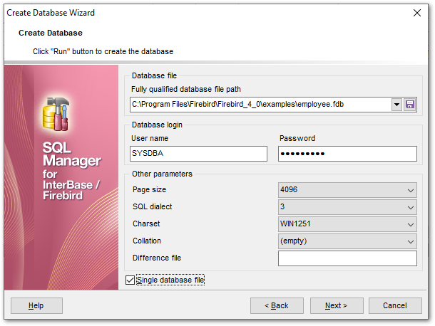 Create Database wizard - Specifying database parameters