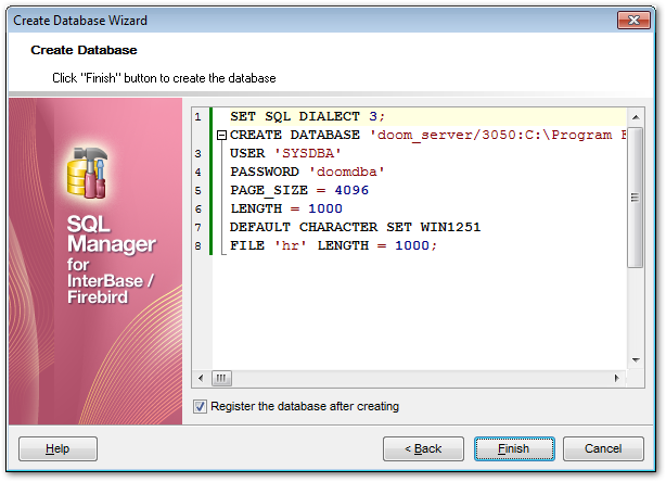 Create Database wizard - Viewing result SQL statement