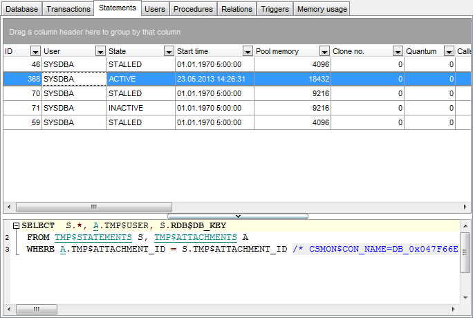 Database Monitor - Viewing statements