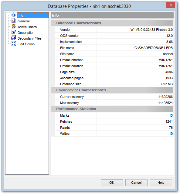 Database Properties - Info