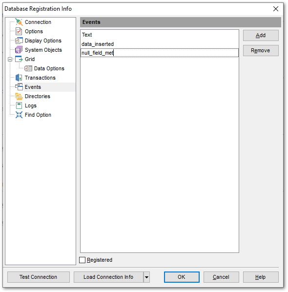 Database Registration Info - Defining Events