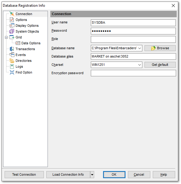 Database Registration Info - Editing connection properties