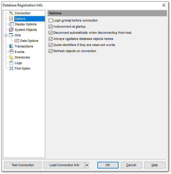 Database Registration Info - Setting common database options