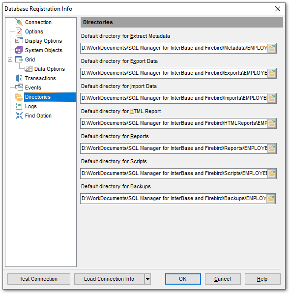 Database Registration Info - Setting default directories