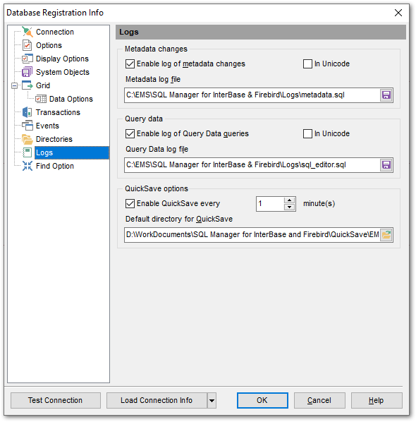 Database Registration Info - Setting log options