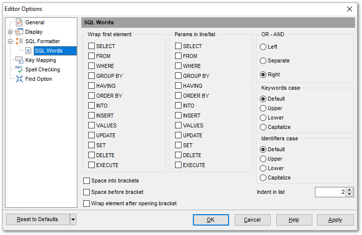 Editor Options - SQL Formatter - SQL Words