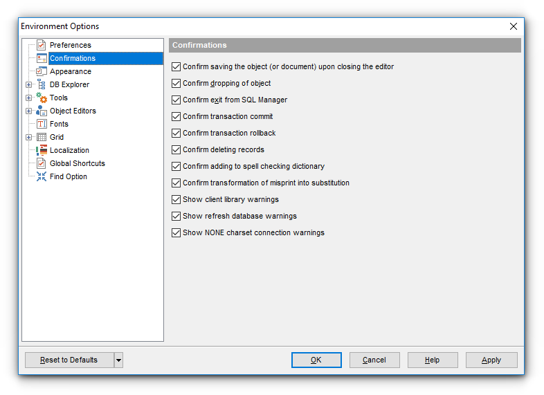 Environment Options - Confirmations