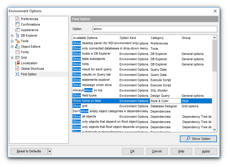 Environment Options - Find Option