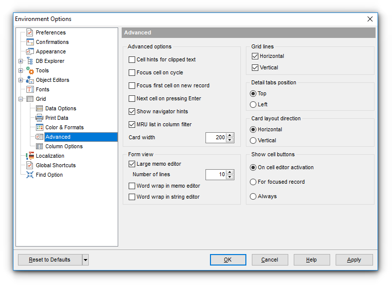 Environment Options - Grid - Advanced
