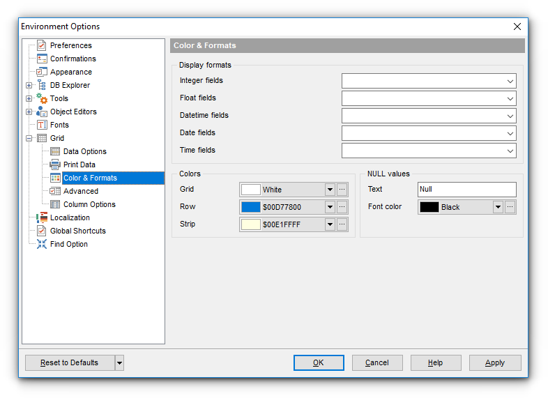 Environment Options - Grid - Color & Formats