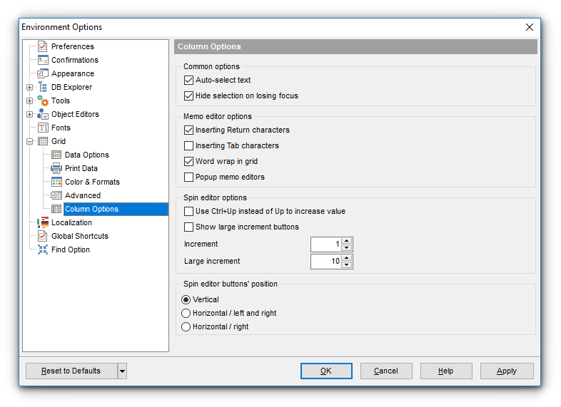 Environment Options - Grid - Column Options