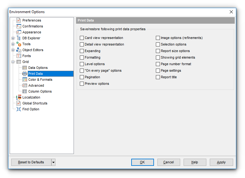 Environment Options - Grid - print Data Options