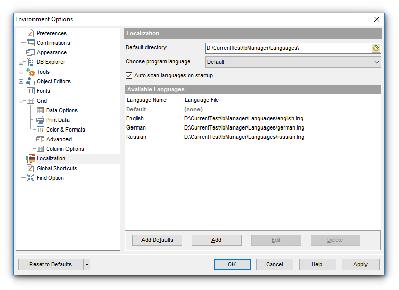 Environment Options - Localization