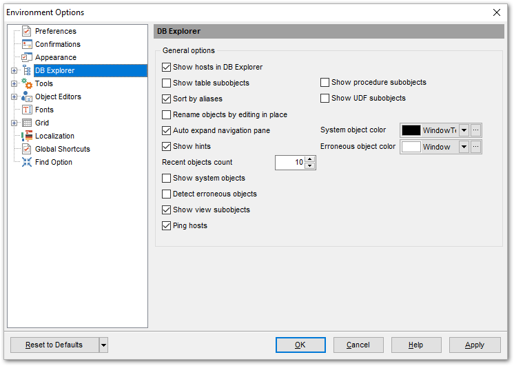 Environment Options - Tools - DB Explorer