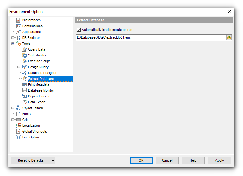 Environment Options - Tools - Extract database