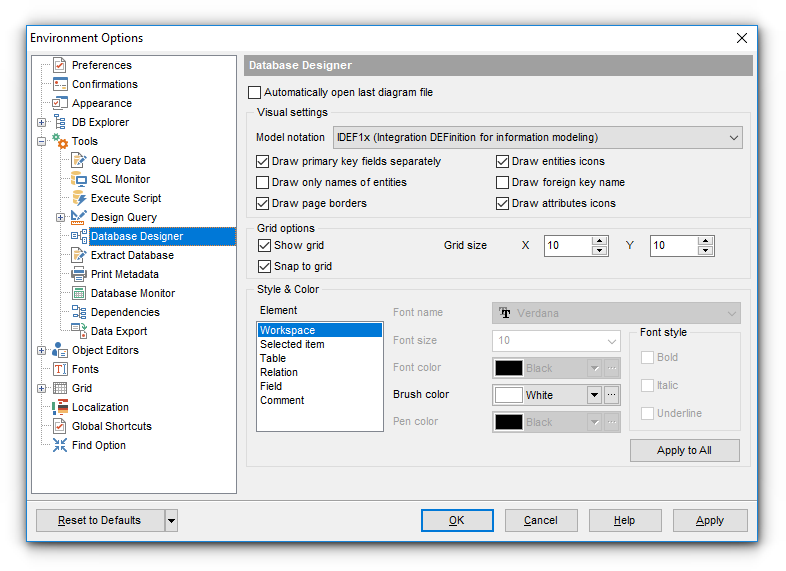 Environment Options - Tools - VDBD