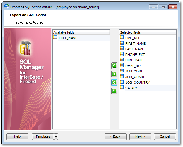 Export as SQL Script - Selecting fields to export
