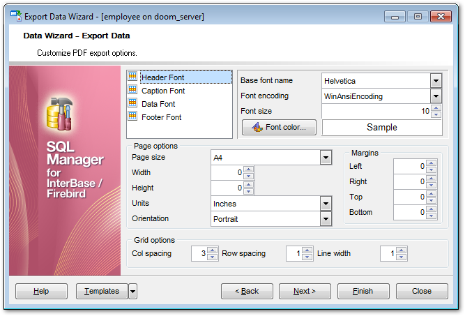 Export Data - Format-specific options - PDF