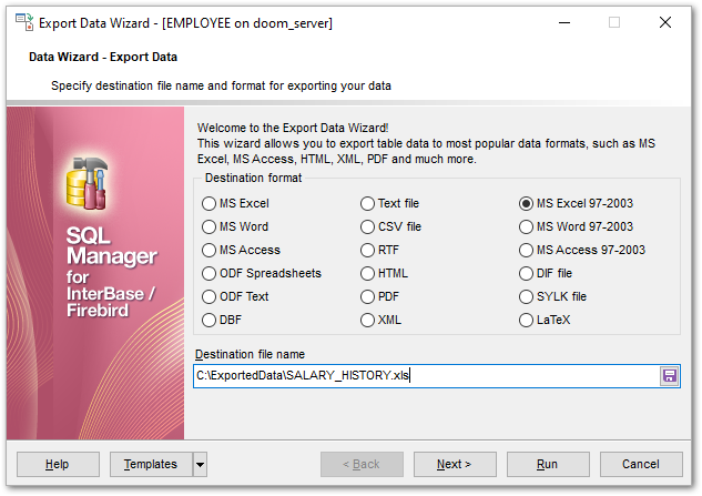 Export Data - Setting destination file name and format