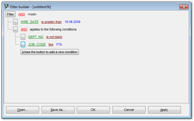 Filter Builder dialog - Applying filter conditions