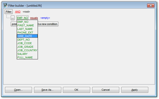 Filter Builder dialog - Setting filter criteria