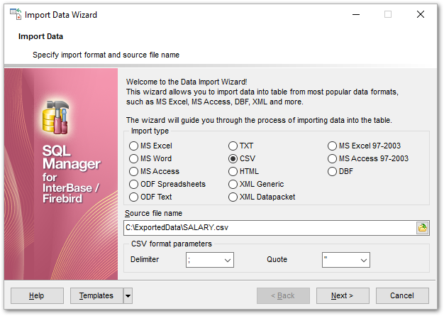 Import Data - Selecting source file name and format