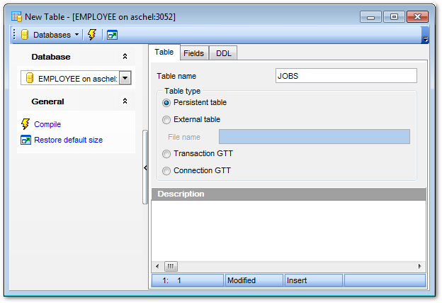 New table - Setting table properties