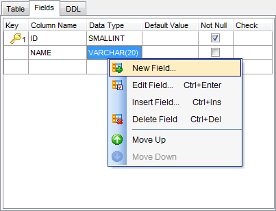 New table - Specifying fields