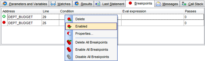 Procedure Debugger - Debug info - Breakpoints