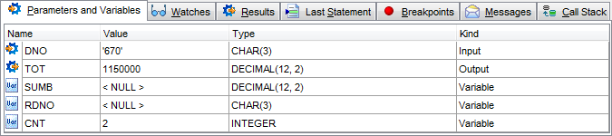 Procedure Debugger - Debug info - Parameters and Variables