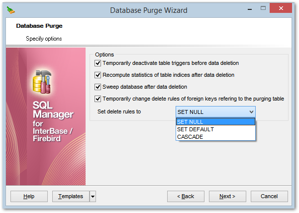 Purge Database - Selecting options for data deleting