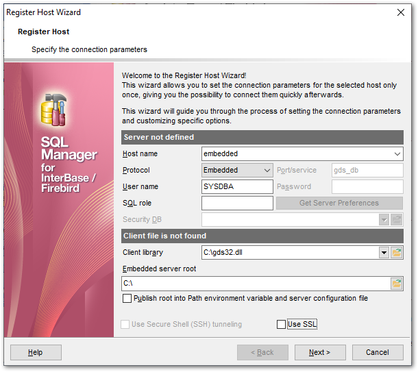 Register Host wizard - Setting connection parameters - Embedded