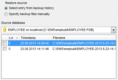 Restore Database - Restore from Incremental Backup - Backup history
