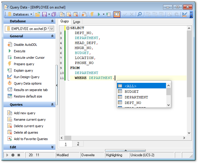 SQL Editor - Working with SQL Editor area