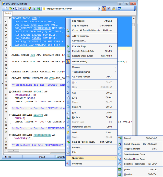 SQL Script Editor - Working with SQL Script editor area