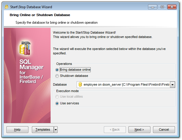 Start-Stop Database - Selecting database and execution mode