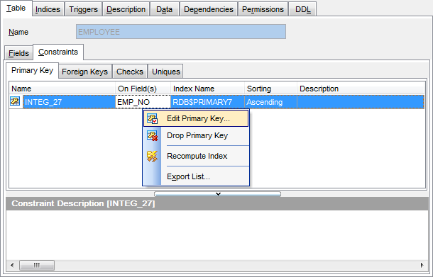 Table Editor - Constraints - Primary keys