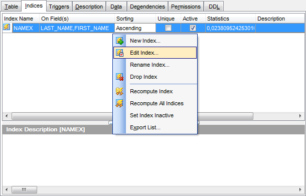 Table Editor - Managing indexes