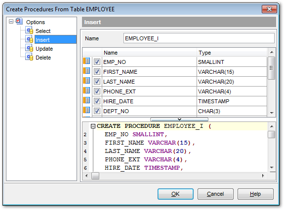 Tables - Create Procedure from Table - INSERT