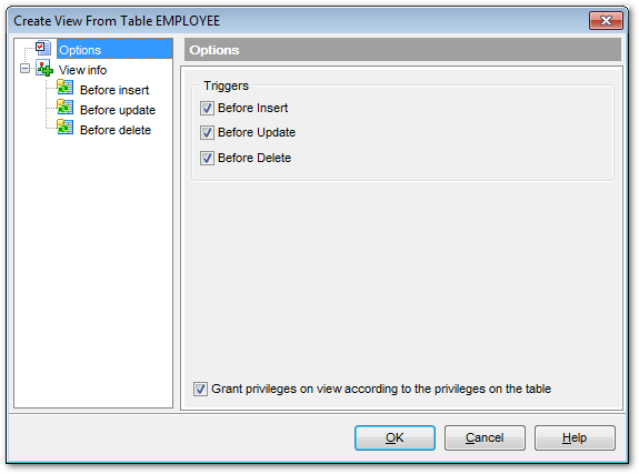 Tables - Create View from Table - Options